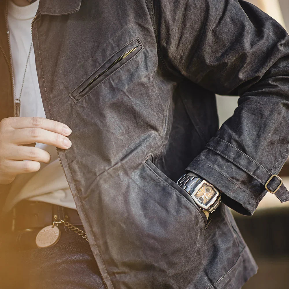 BARPINTON | Vintage-Herrenjacke aus gewachstem Segeltuch - IV-Design mit Reißverschluss und Reverskragen, kurzer Schnitt, schlanke Passform für Frühjahr & Herbst