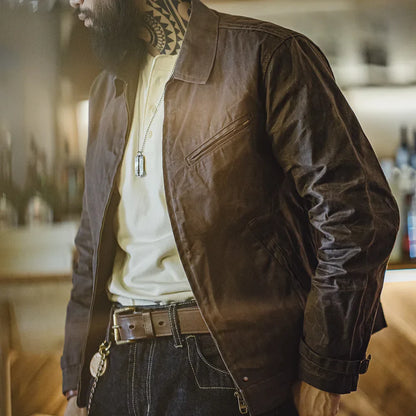 BARPINTON | Vintage-Herrenjacke aus gewachstem Segeltuch - IV-Design mit Reißverschluss und Reverskragen, kurzer Schnitt, schlanke Passform für Frühjahr & Herbst