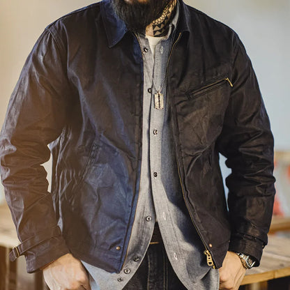 BARPINTON | Vintage-Herrenjacke aus gewachstem Segeltuch - IV-Design mit Reißverschluss und Reverskragen, kurzer Schnitt, schlanke Passform für Frühjahr & Herbst