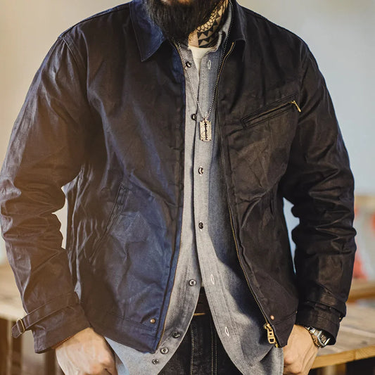 BARPINTON | Vintage-Herrenjacke aus gewachstem Segeltuch - IV-Design mit Reißverschluss und Reverskragen, kurzer Schnitt, schlanke Passform für Frühjahr & Herbst