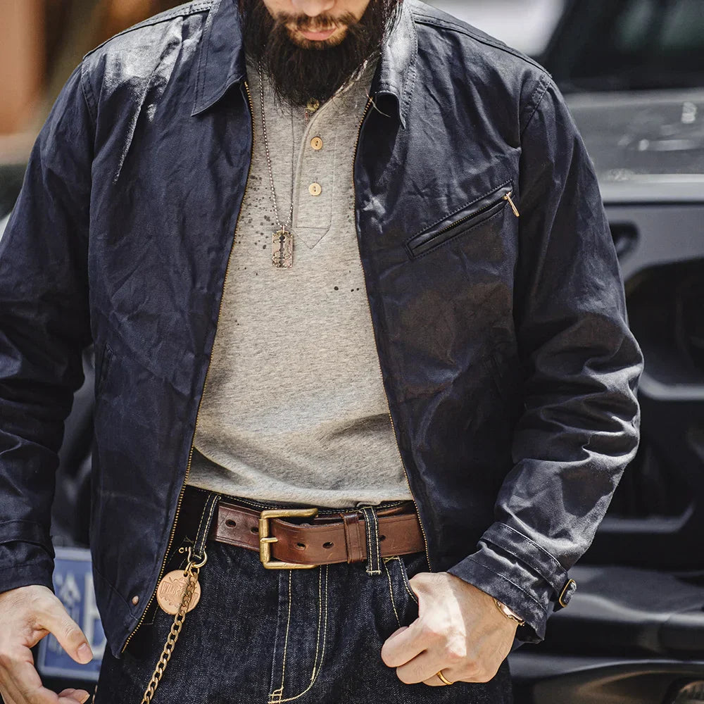 BARPINTON | Vintage-Herrenjacke aus gewachstem Segeltuch - IV-Design mit Reißverschluss und Reverskragen, kurzer Schnitt, schlanke Passform für Frühjahr & Herbst