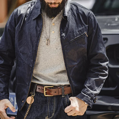 BARPINTON | Vintage-Herrenjacke aus gewachstem Segeltuch - IV-Design mit Reißverschluss und Reverskragen, kurzer Schnitt, schlanke Passform für Frühjahr & Herbst